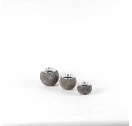 Set de 3 Photophores Ronds en Pierre de Lave et Aluminium. - Photophore - Lecomptoirdesauthentics