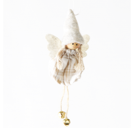 Ange Fille feutrine bonnet beige/blanc robe carreaux - Décoration de Noël  - Lecomptoirdesauthentics