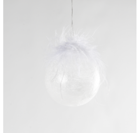 Boule Noël en verre givré plume blanche 8 cm