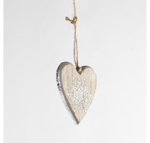 Suspension Coeur en bois naturel argenté flocon pailleté 8 cm