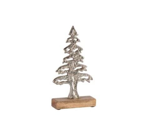 Sapin métal brillant sur socle bois 15,5 cm  - Décoration de Noël  - Lecomptoirdesauthentics