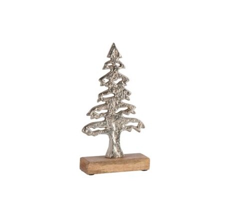 Sapin métal brillant sur socle bois 26 cm  - Décoration de Noël  - Lecomptoirdesauthentics