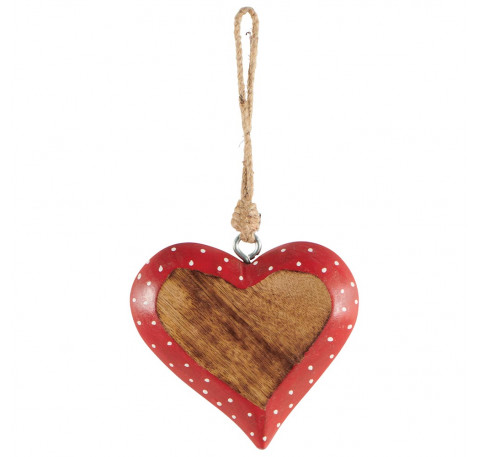 Coeur en bois rouge à pois  blancs 15 cm 