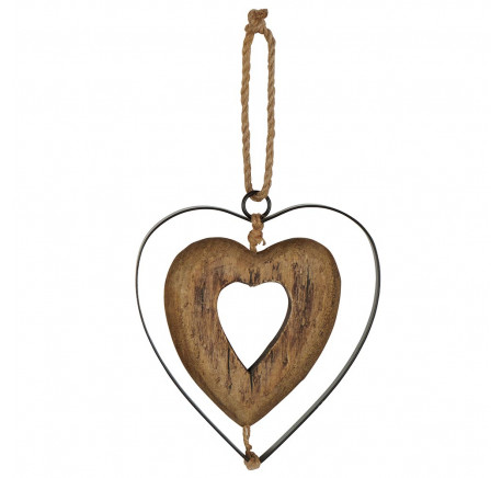 Suspente Coeur double bois et métal 15 cm - Décoration de Noël  - Lecomptoirdesauthentics