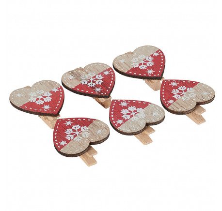 Set de 6 coeurs sur pince en bois beige et rouge mofif FLOCON - Décoration de Noël  - Lecomptoirdesauthentics