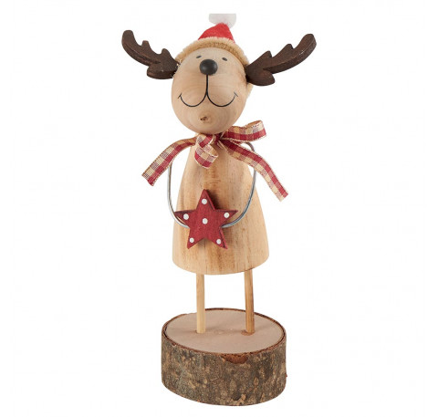 Cerf à poser en bois naturel avec étoile et bonnet rouge Haut. 17 cm