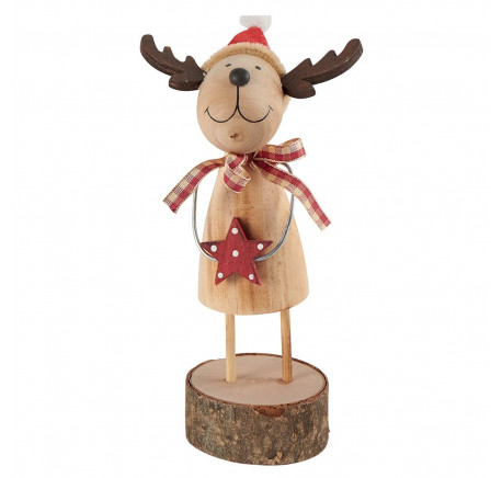 Cerf à poser en bois naturel avec étoile et bonnet rouge Haut. 17 cm - Décoration de Noël  - Lecomptoirdesauthentics