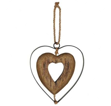 Suspente Coeur double en bois et métal 11,5 cm - Décoration de Noël  - Lecomptoirdesauthentics